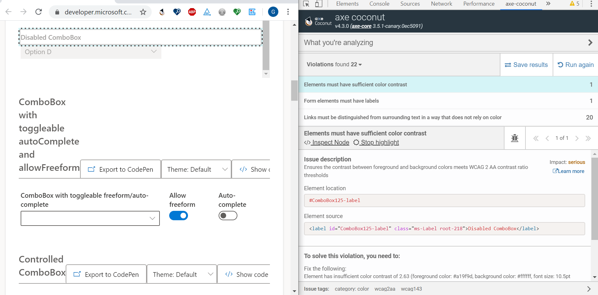 False positive: 'color-contrast' rule fails disabled control's label ...