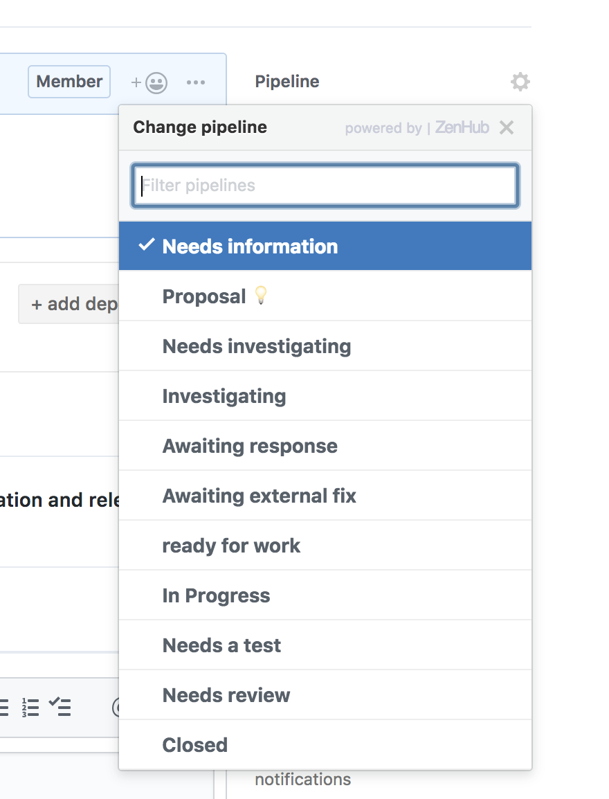 Changing ZenHub pipeline should change label on the GitHub issue ...