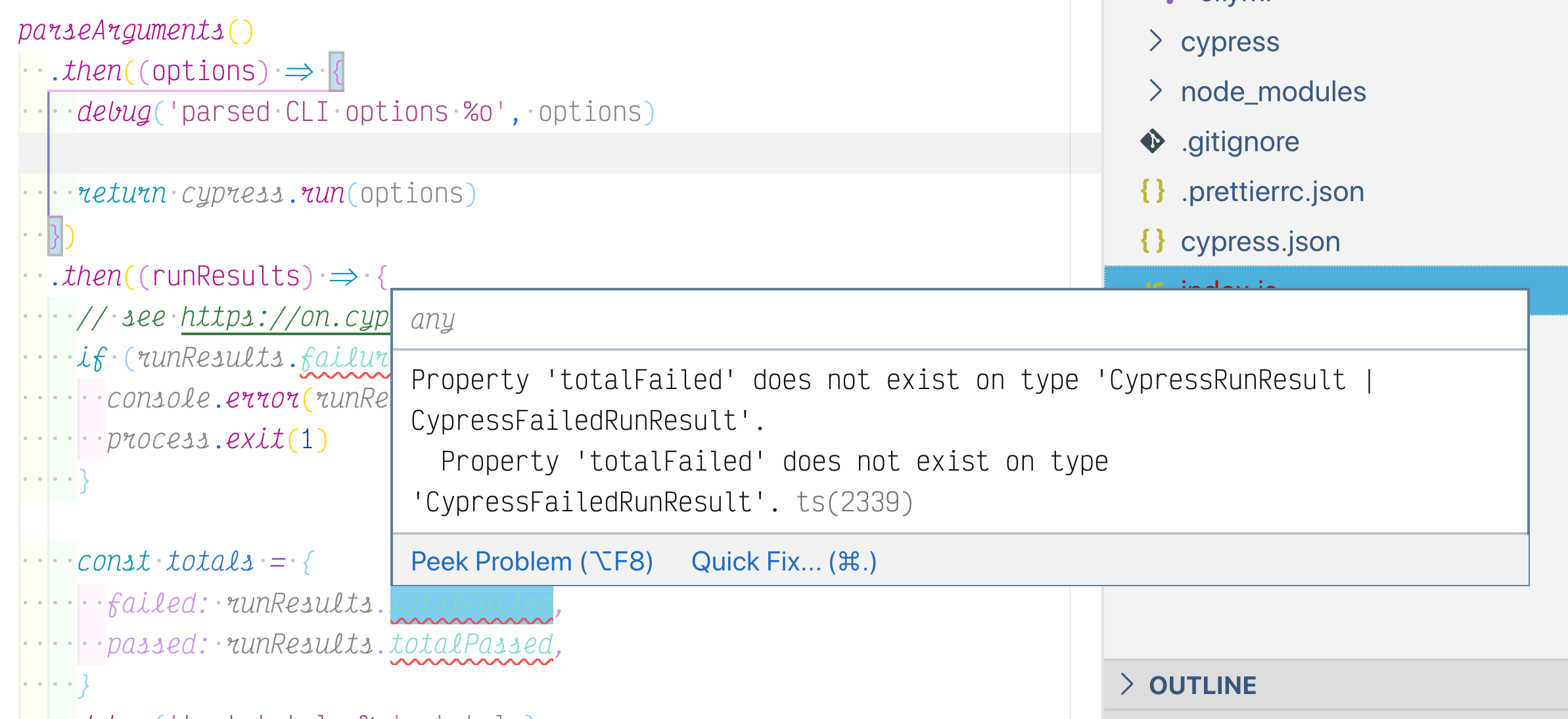 Properties in the cypress.run result type show up as TS errors · Issue ...