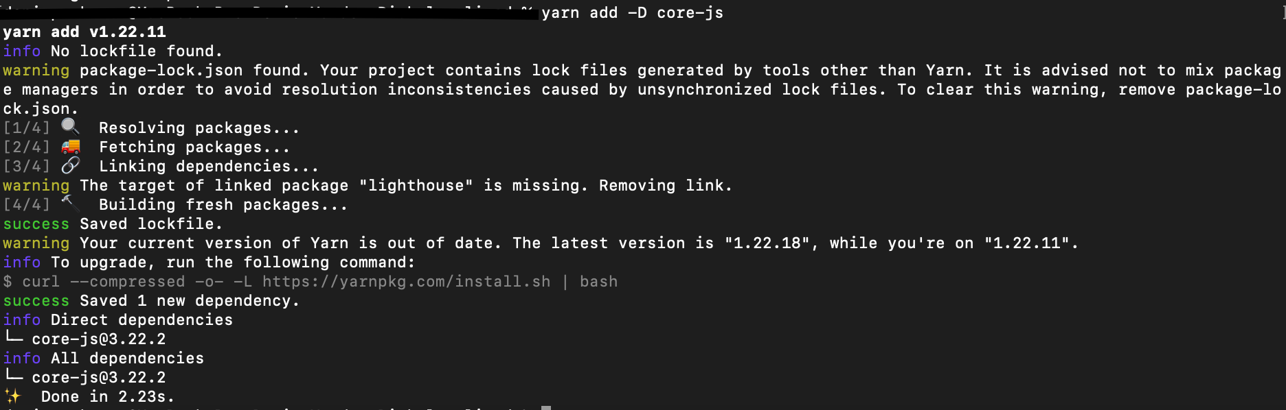Why does "yarn add D corejs" always fail to install · Issue 1074
