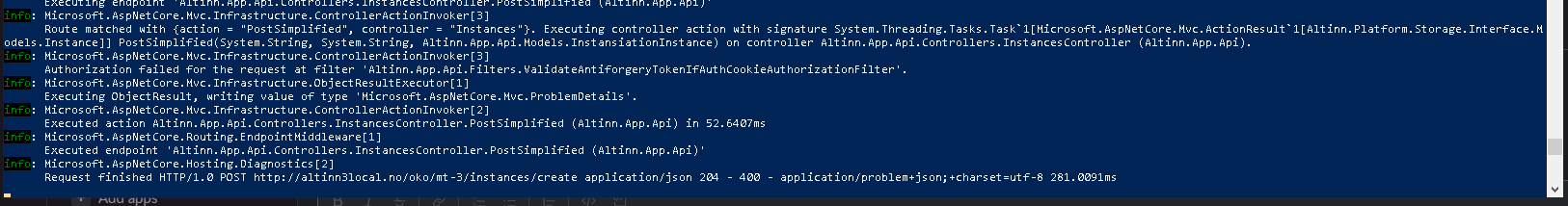 Screenshot of the console log from the app producing the response