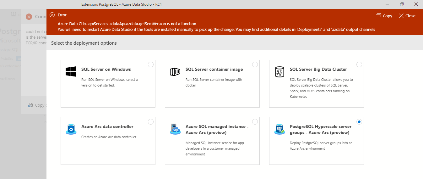 Starting New Dusky Deployment wizard displays message Azure Data CLI:u ...
