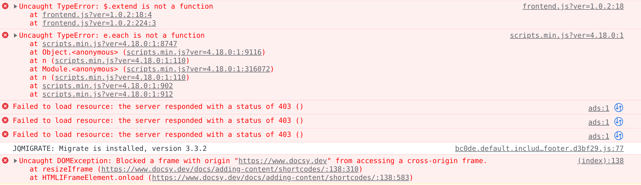 Several javascript errors on Shortcodes page. · Issue #1243 · google ...