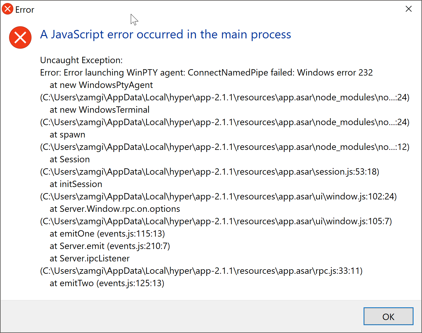 Hyper Terminal JavaScript Error · Issue #3404 · vercel/hyper · GitHub