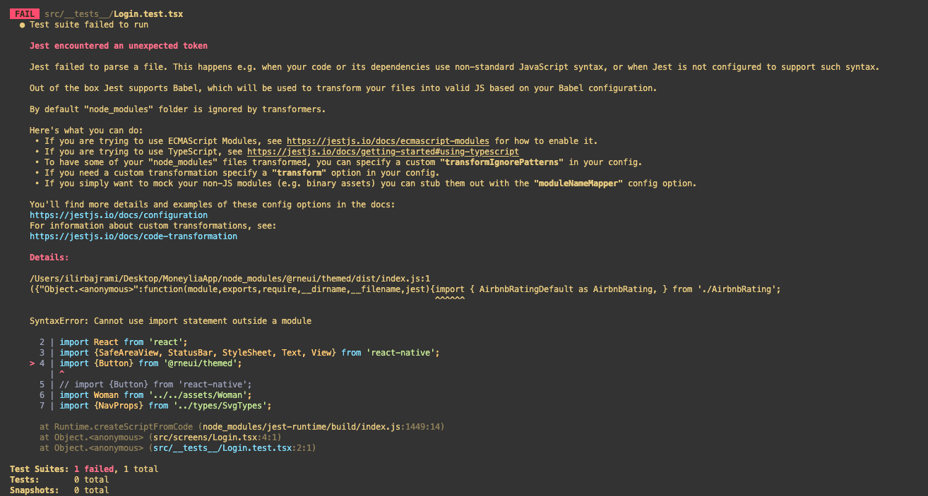 Testing With Jest - Syntaxerror: Cannot Use Import Statement Outside A  Module · Issue #3695 · React-Native-Elements/React-Native-Elements · Github