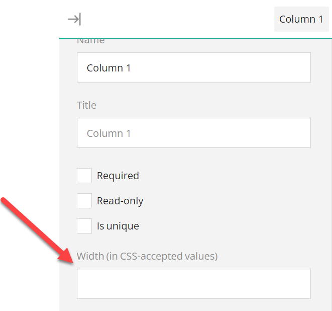 A matrix column's Width property appears empty regardless of the