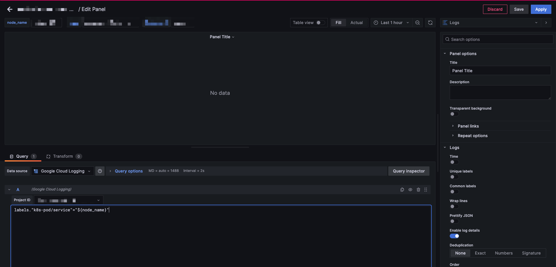 Dashboard template variables are not interpolated in the `Log Panel ...