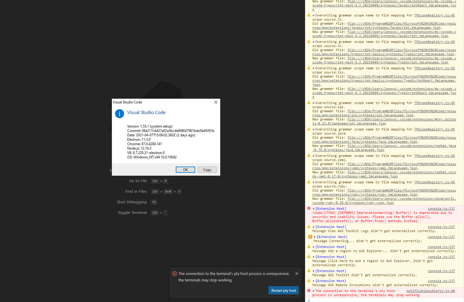Terminal's pty host process is unresponsive. Terminal crashes and