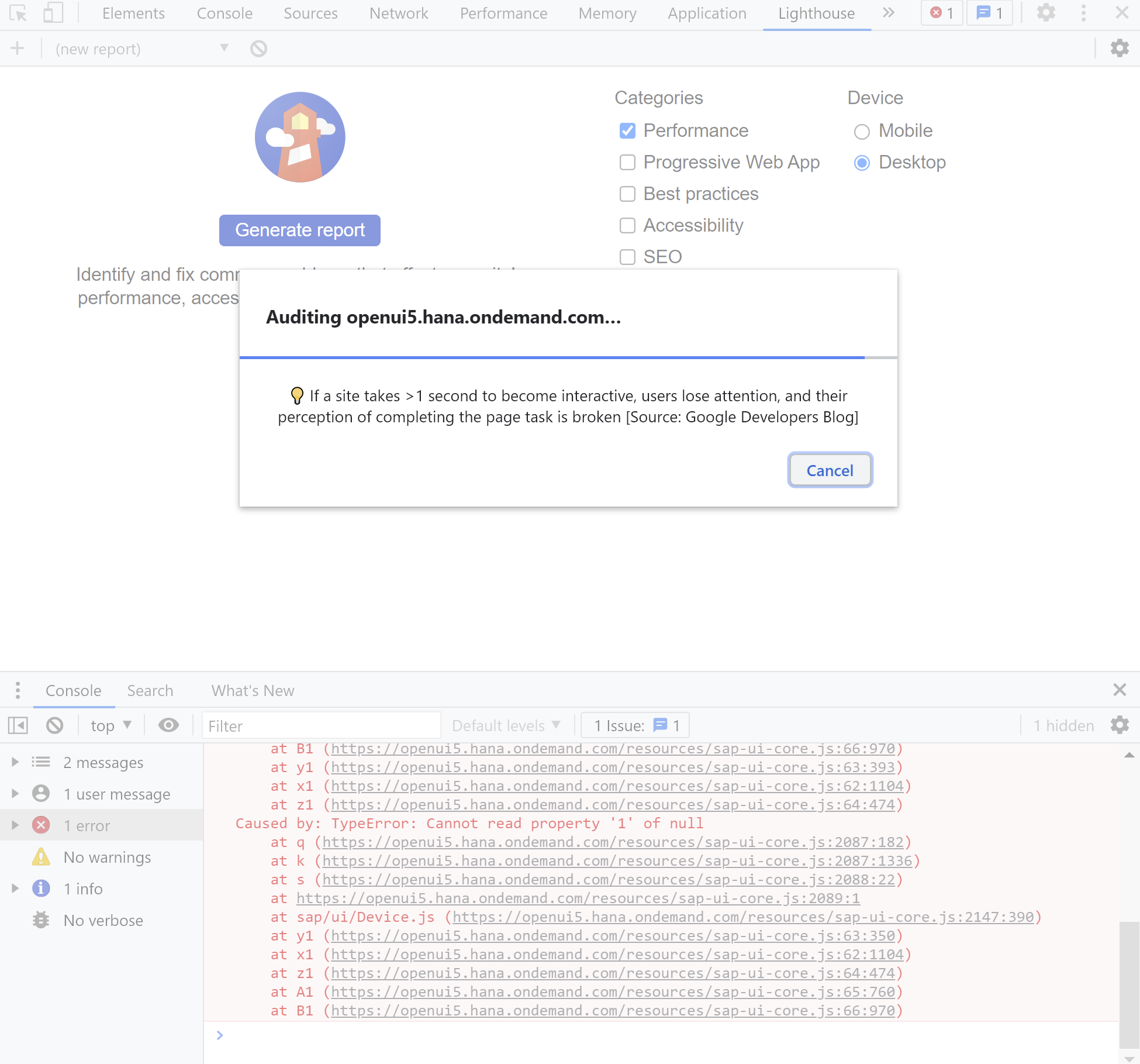 UI5 apps get errors in Lighthouse Performance Audits (builtin in