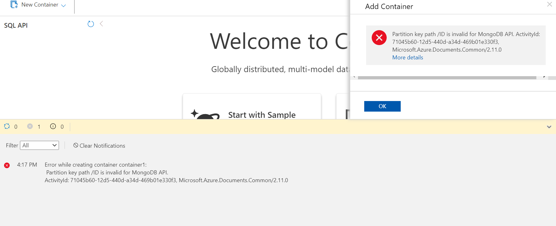 Azure CosmosDB Emulator Error Partition key path /ID is invalid for