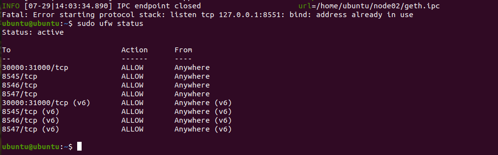 Fatal: Error starting protocol stack: listen tcp 127.0.0.1:8551: bind ...