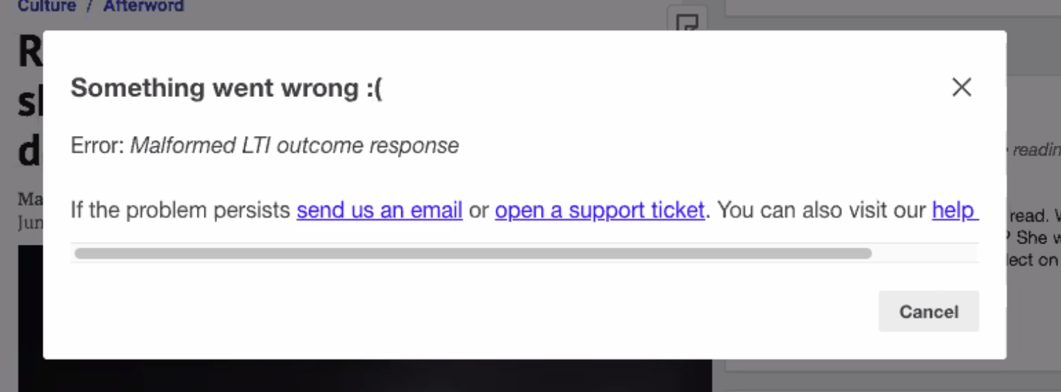 "Malformed LTI outcome response" in the LMS app when trying add grades ...