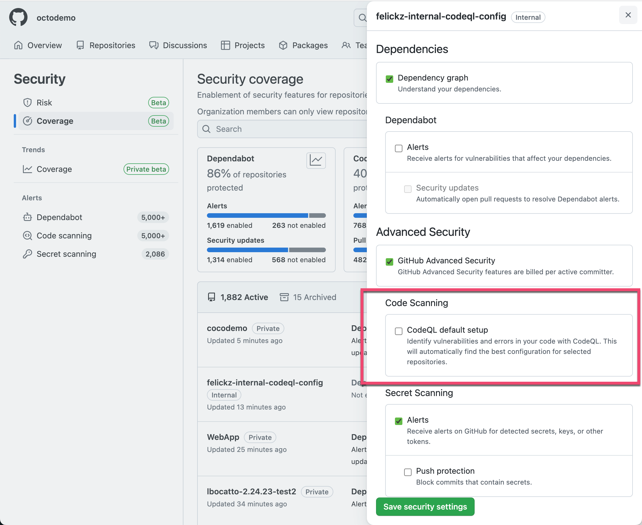code scanning on the slide-out enablement panel on the security coverage page