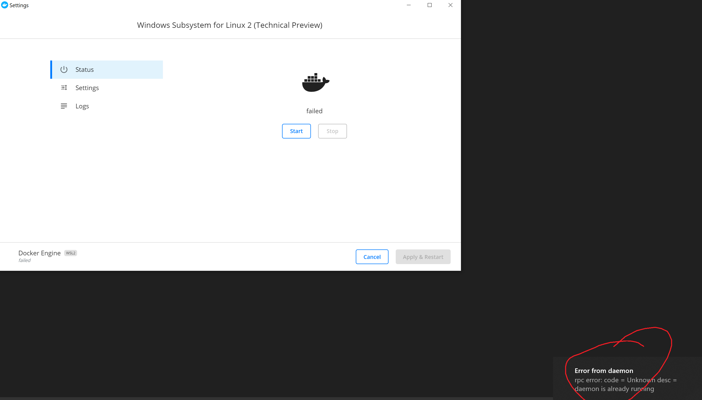  wsl2 cannot start wsl context daemon already running issue 4444