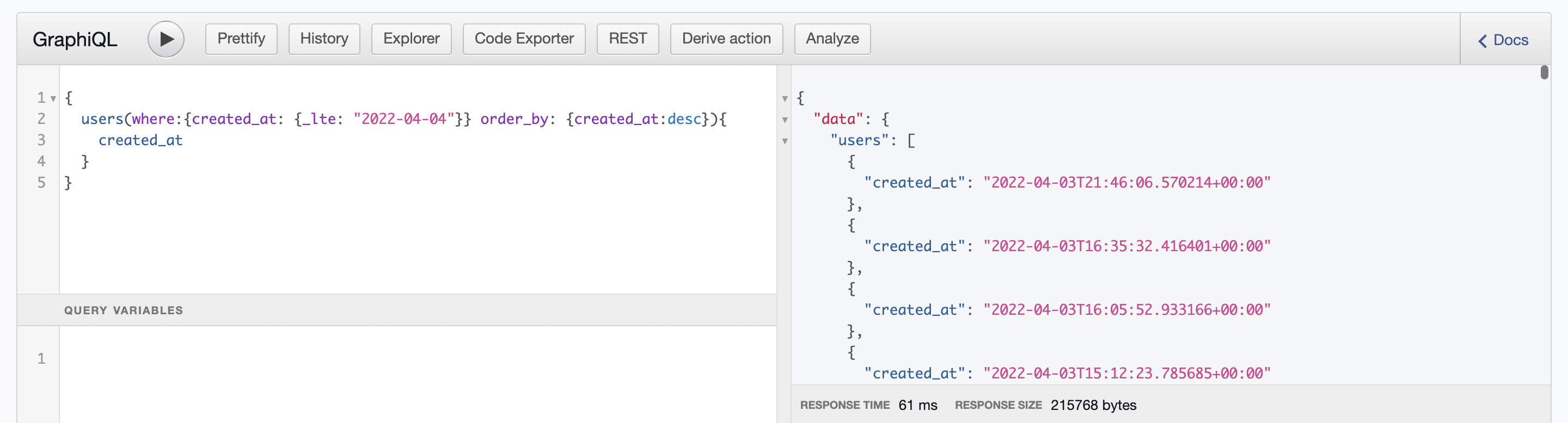 Hasura's _lte filter not returning the equal to part with dates, just