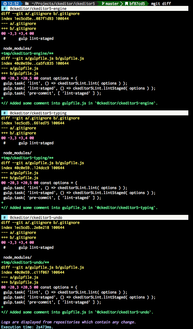 An example response of `mrgit diff` command.