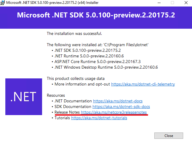 In the installing UI of 5.0 Preview 2, release note link is 3.0 ...