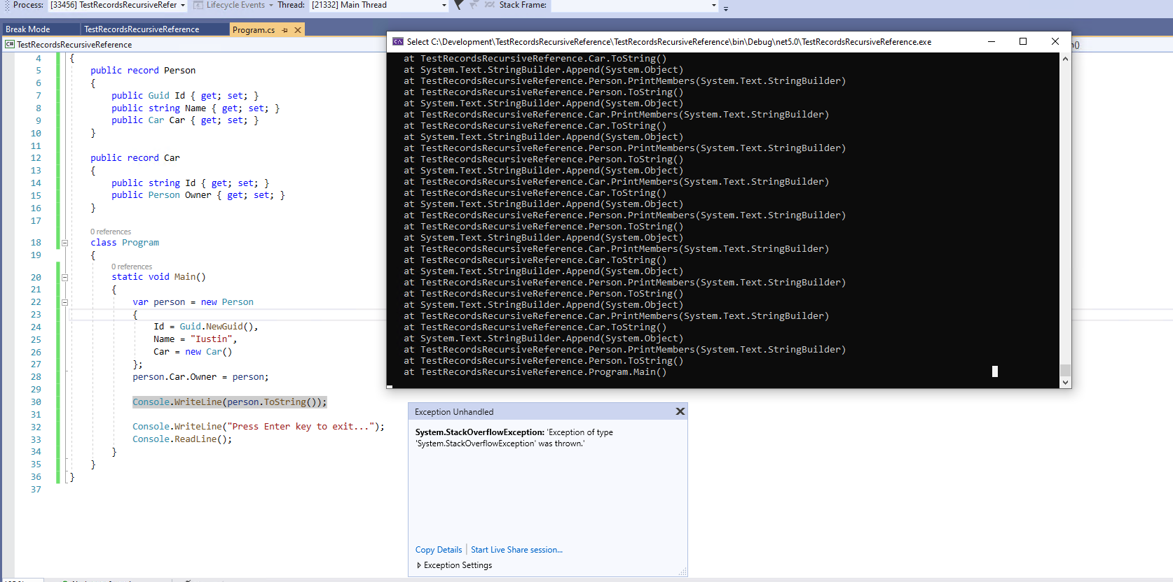 The ToString() implementation of record types throws ...