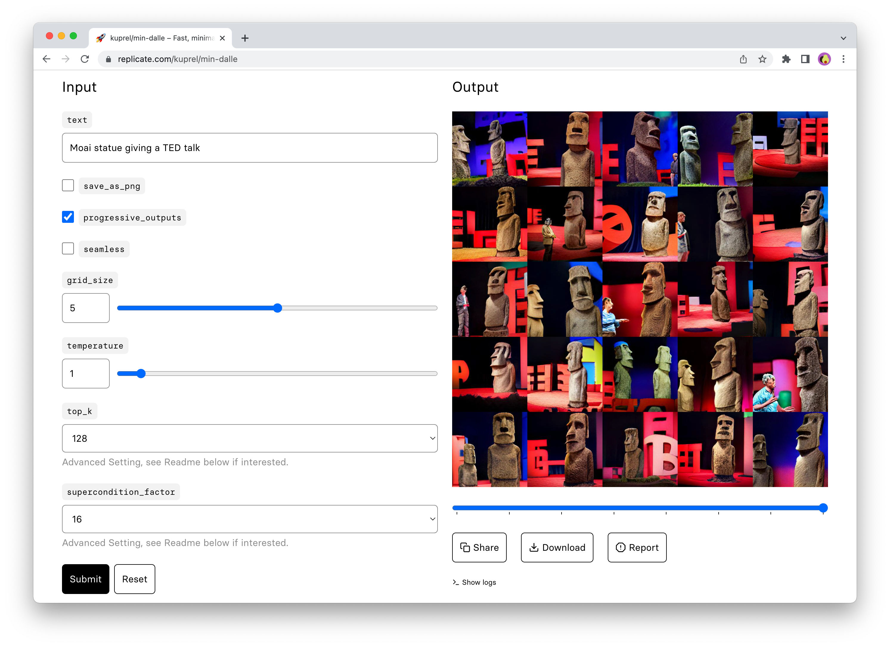 Replicate's browser UI for running models in the browser