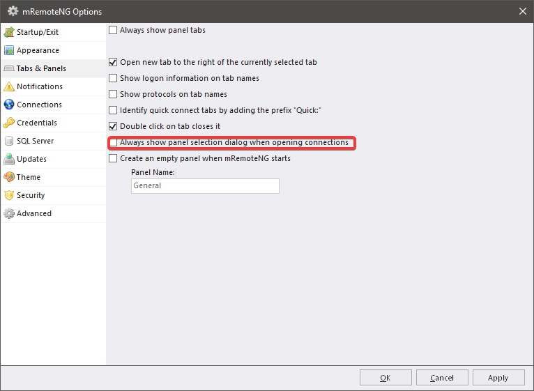 The "Panel feature" doesn't work · Issue 1584 · mRemoteNG/mRemoteNG