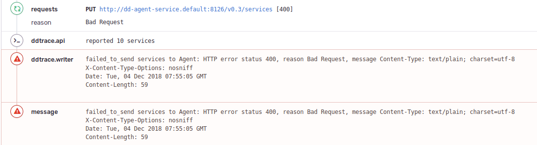 could not get 'https: '. received status code 400... failed_to_send services to Agent: HTTP error status 400, reason Bad ...