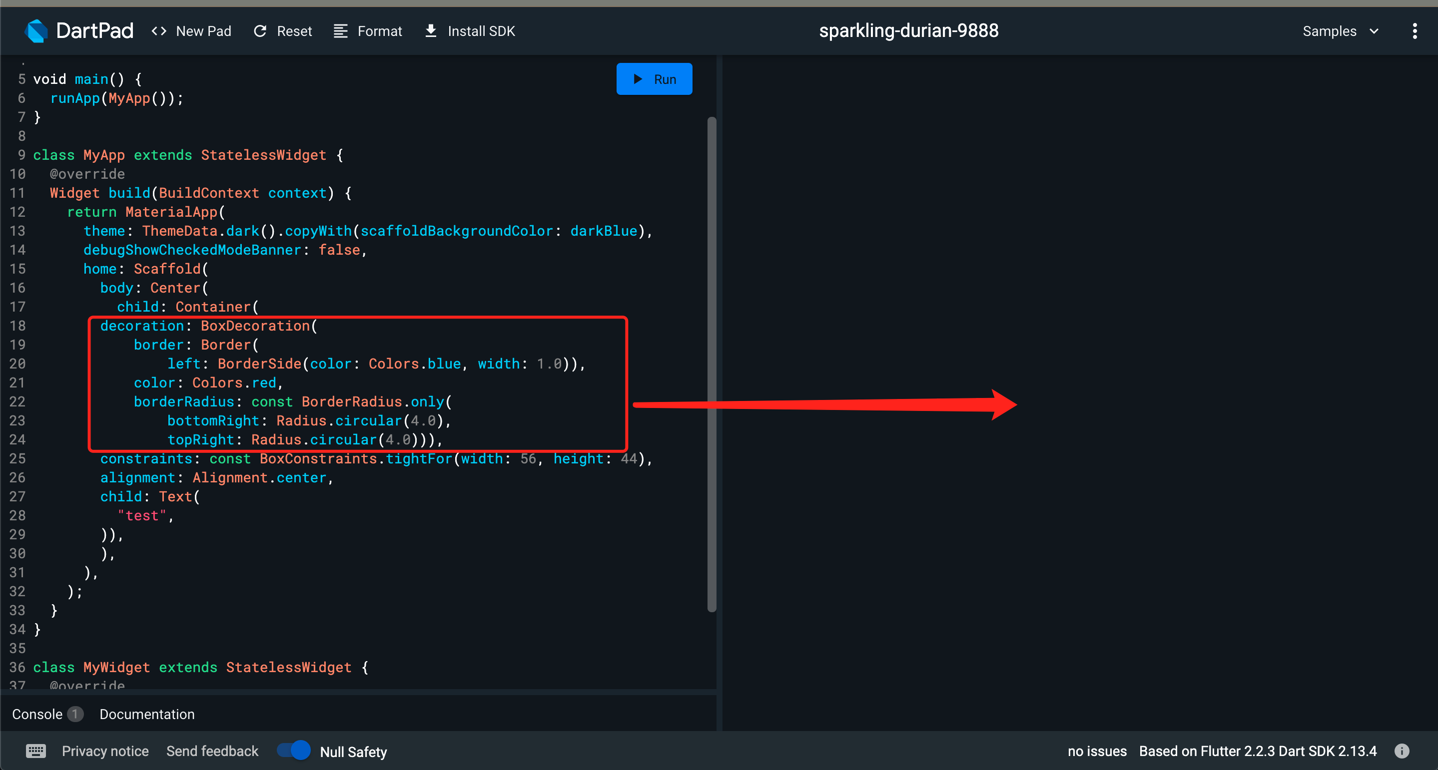 Container widget has border radius, one side border isn't working ...