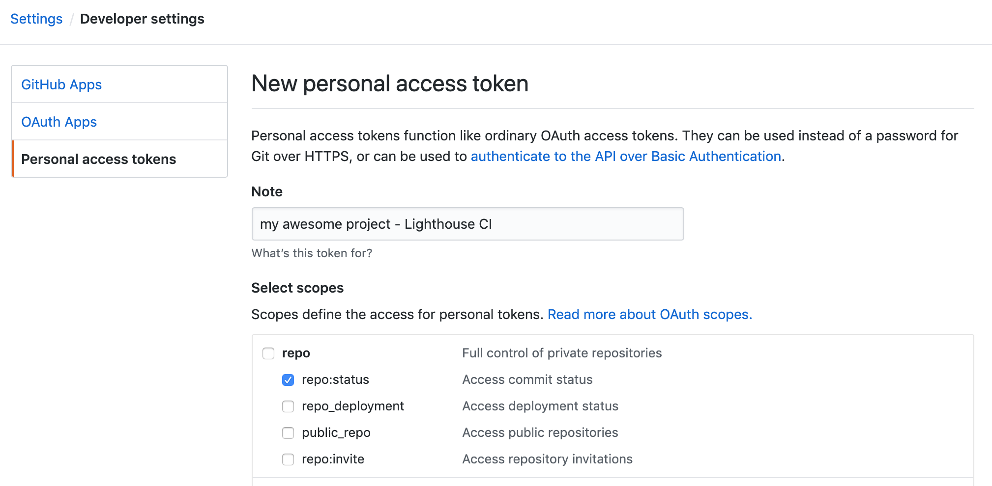 screenshot of GitHub personal access token creation form