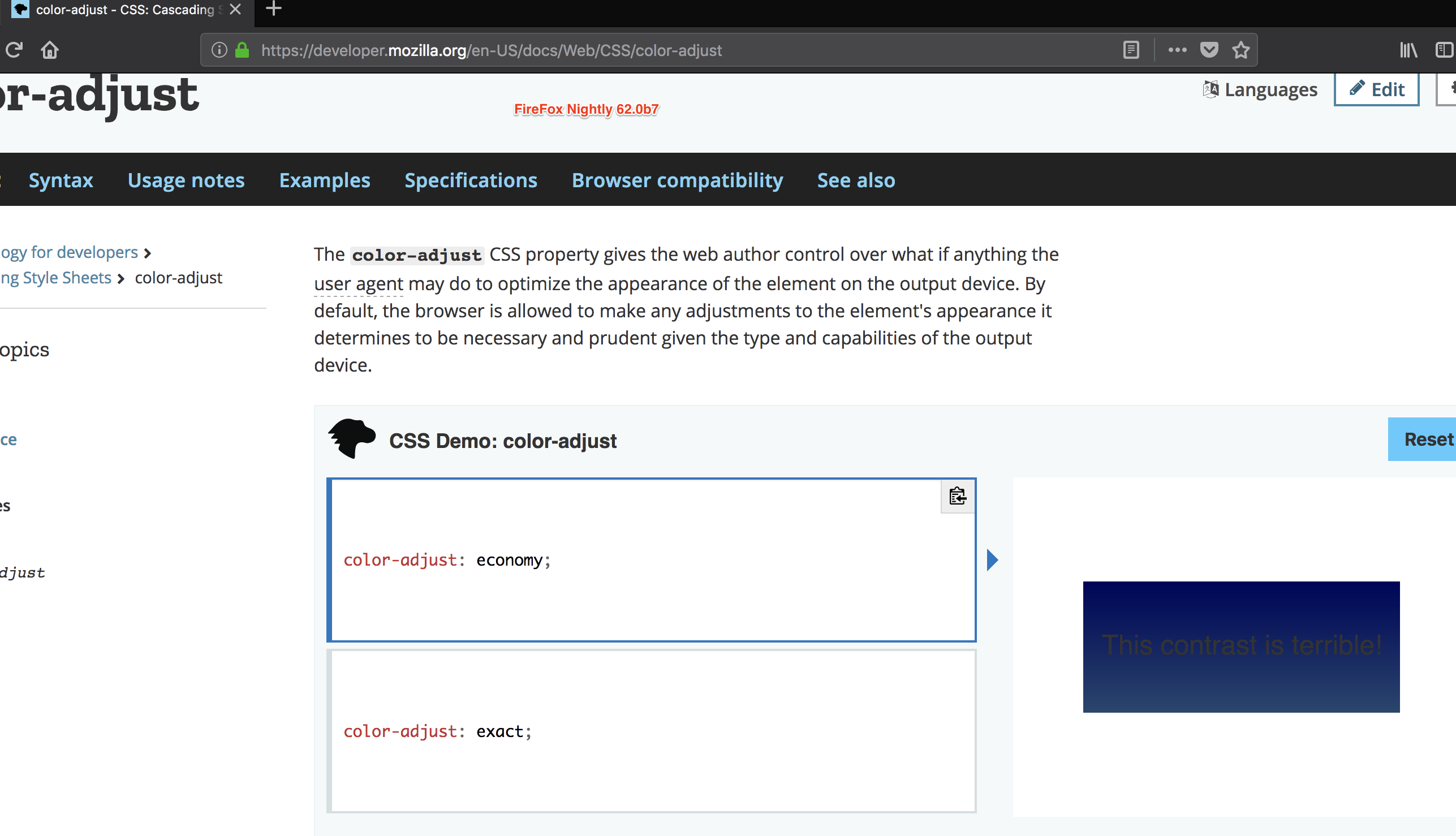 coloradjust example does not render or work in Chrome 69 or Safari