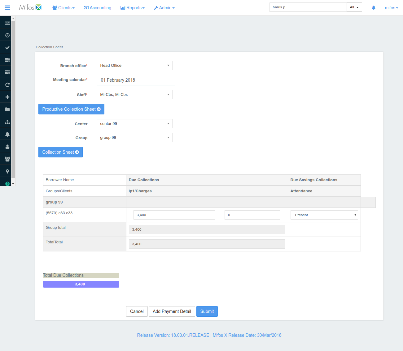 collection sheet page