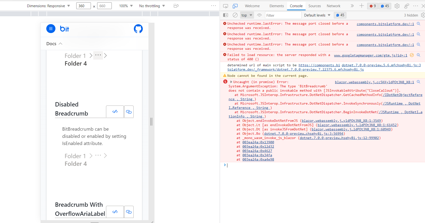 `Breadcrumb` close call back raised an error · Issue 3247