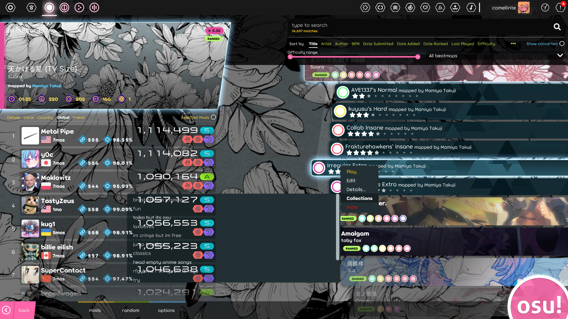 Song details and leaderboards overlaps with the right-click menu ...