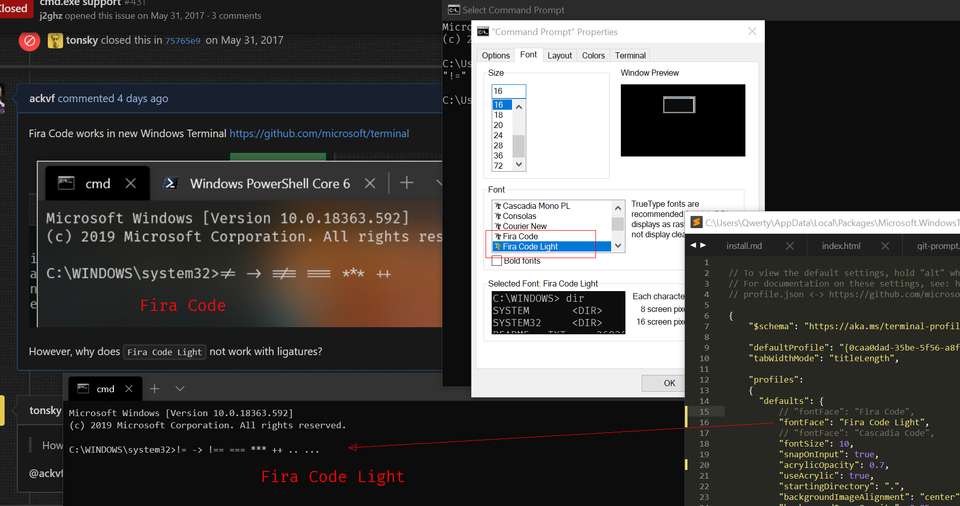 Ligatures not working with Fira Code Light in console · Issue 941