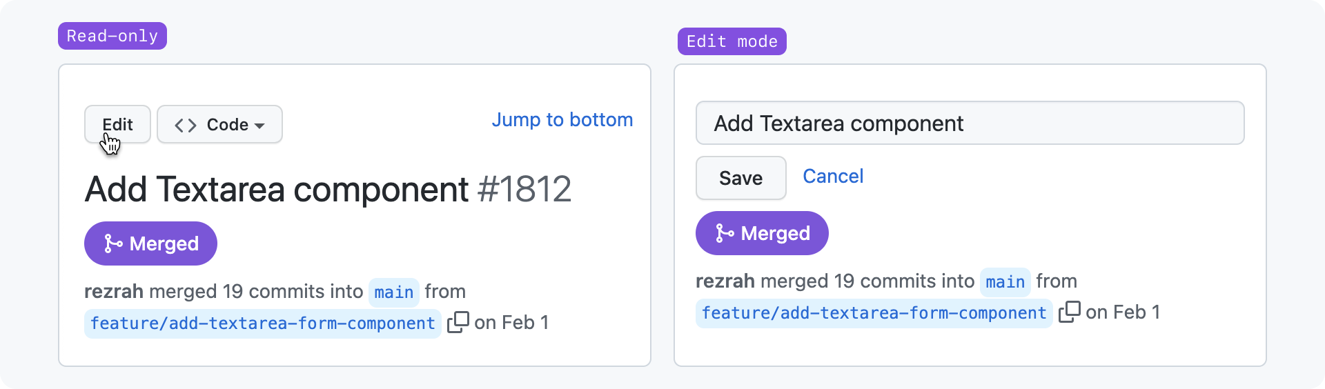 Two images of a pull request header. The first image shows the title as read-only text. The second image shows a text input to edit the pull request title with 'Cancel' and 'Save' buttons below the input.