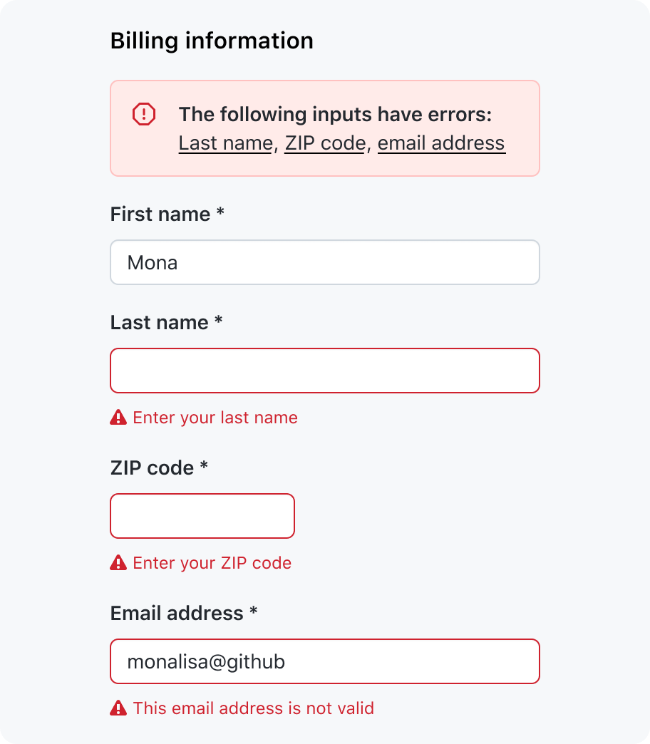 a form for biographical information that has three invalid inputs