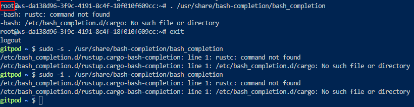 Errors when switching to a user (with new shell env.) in workspace-full ...