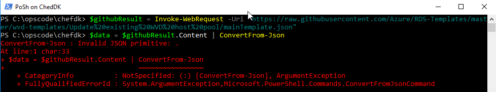 Update existing WVD host pool mainTemplate.json - Error invalid json ...