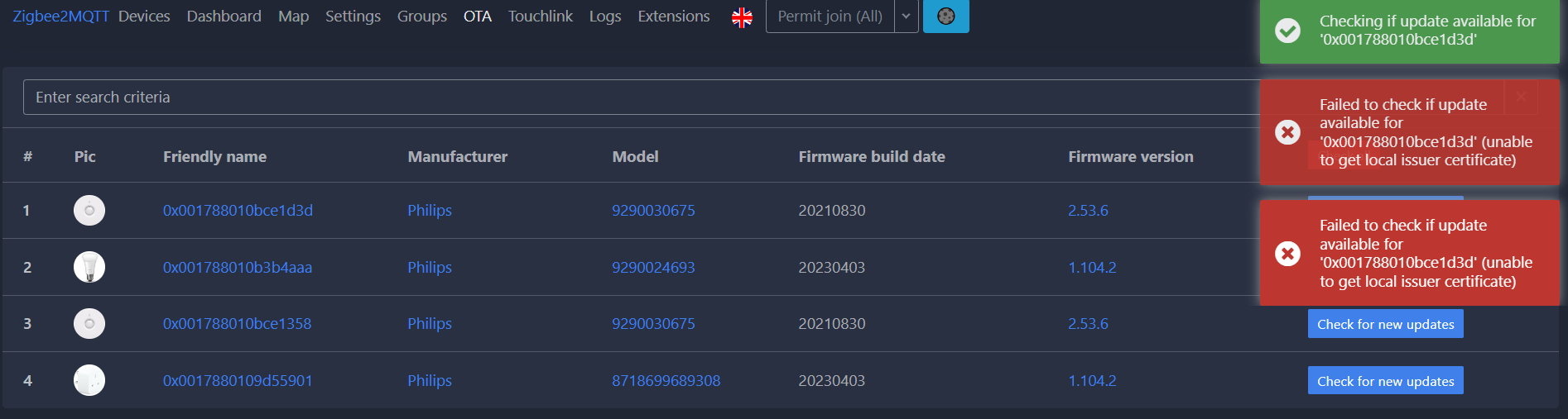[Bug] Philips OTA check fails with (unable to get local issuer