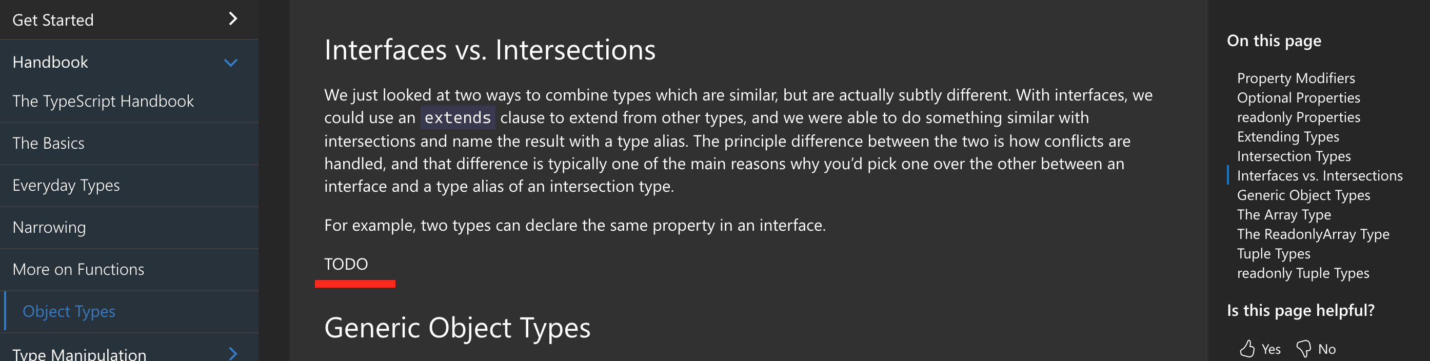 Docs Generic Object Types / Interfaces vs Intersections TODO (handbook v2) · Issue 1637