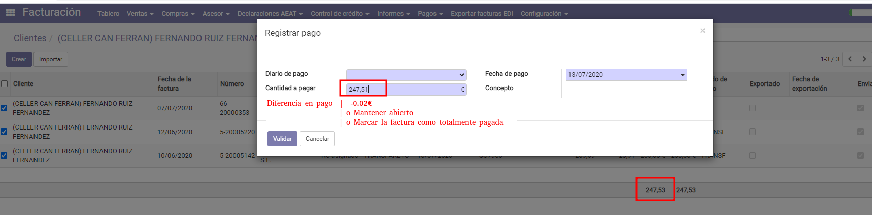 [11.0] Cannot do write-off in register payment wizard from tree view ...