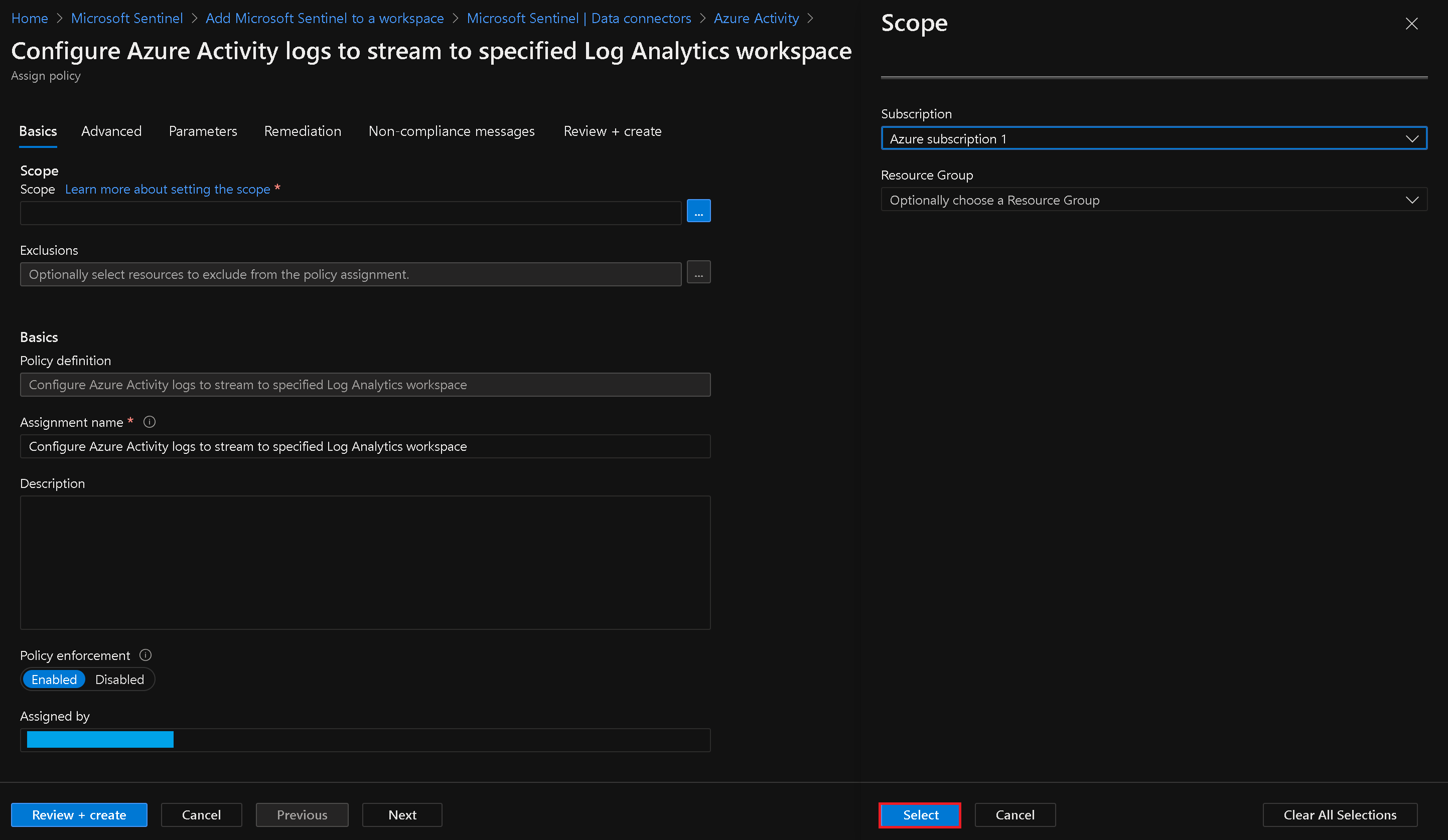 Select Scope for Azure Activity Policy