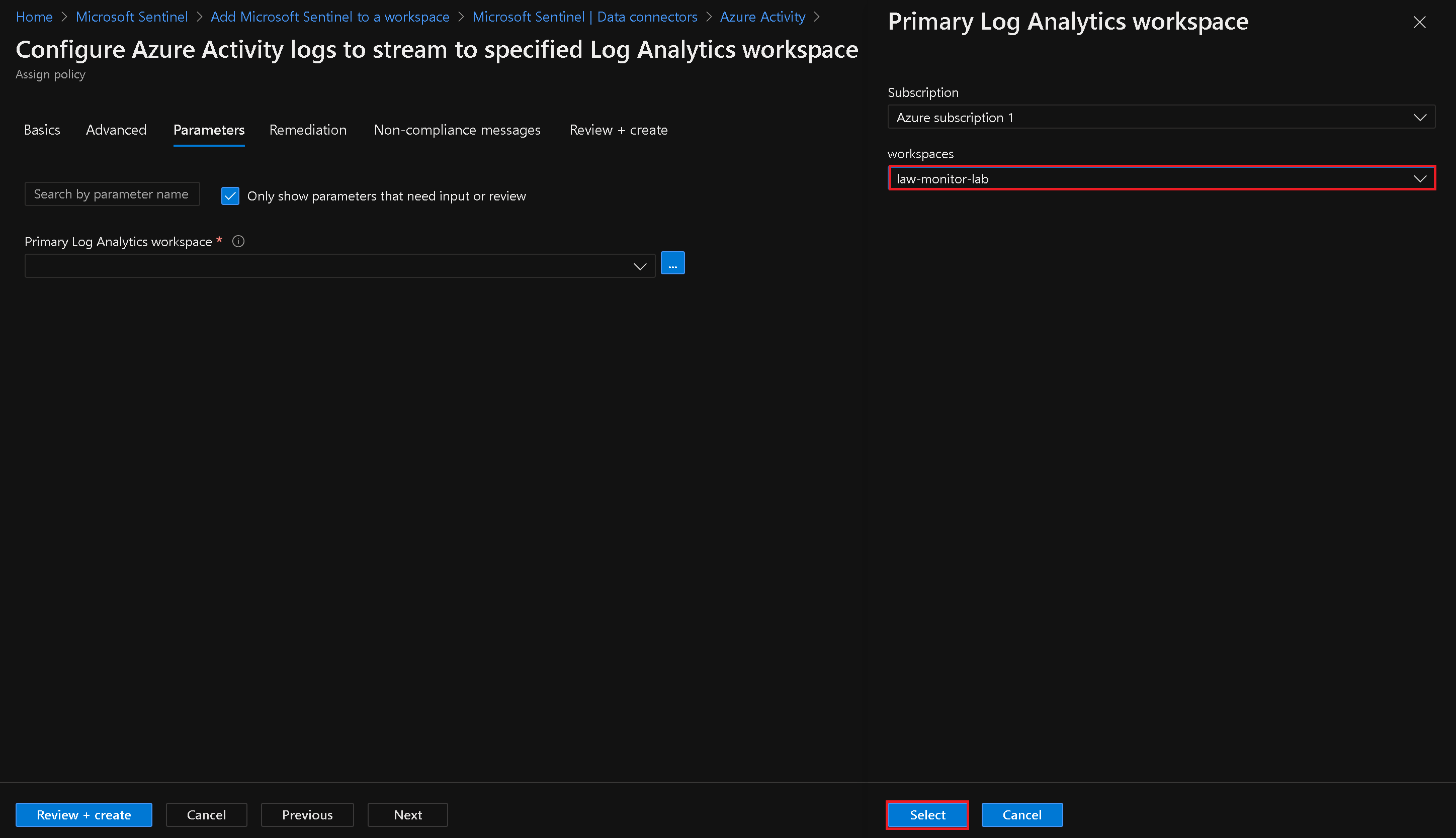 Select Workspace for Azure Activity Policy