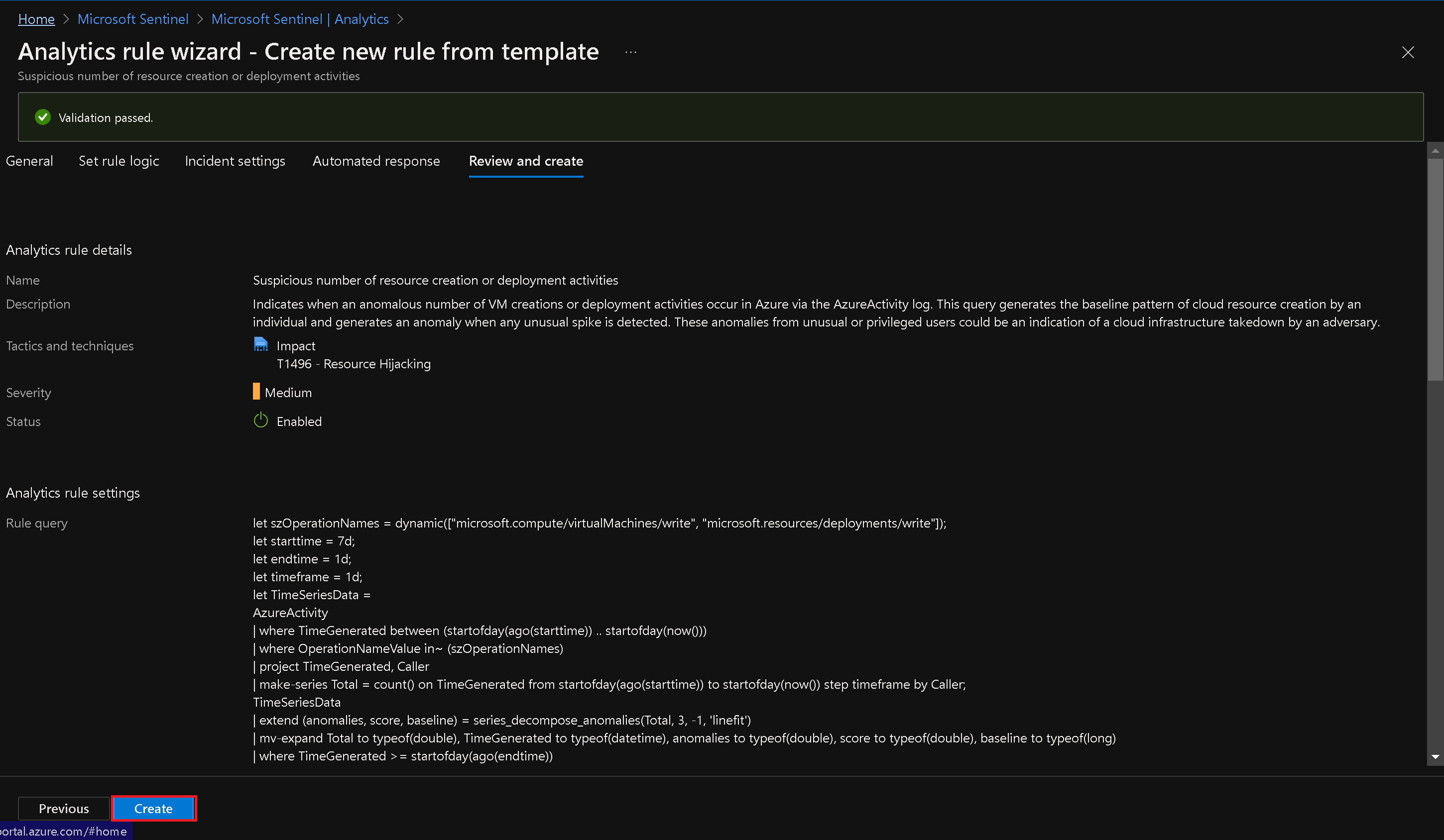 Validation of Analytics Rule from Template