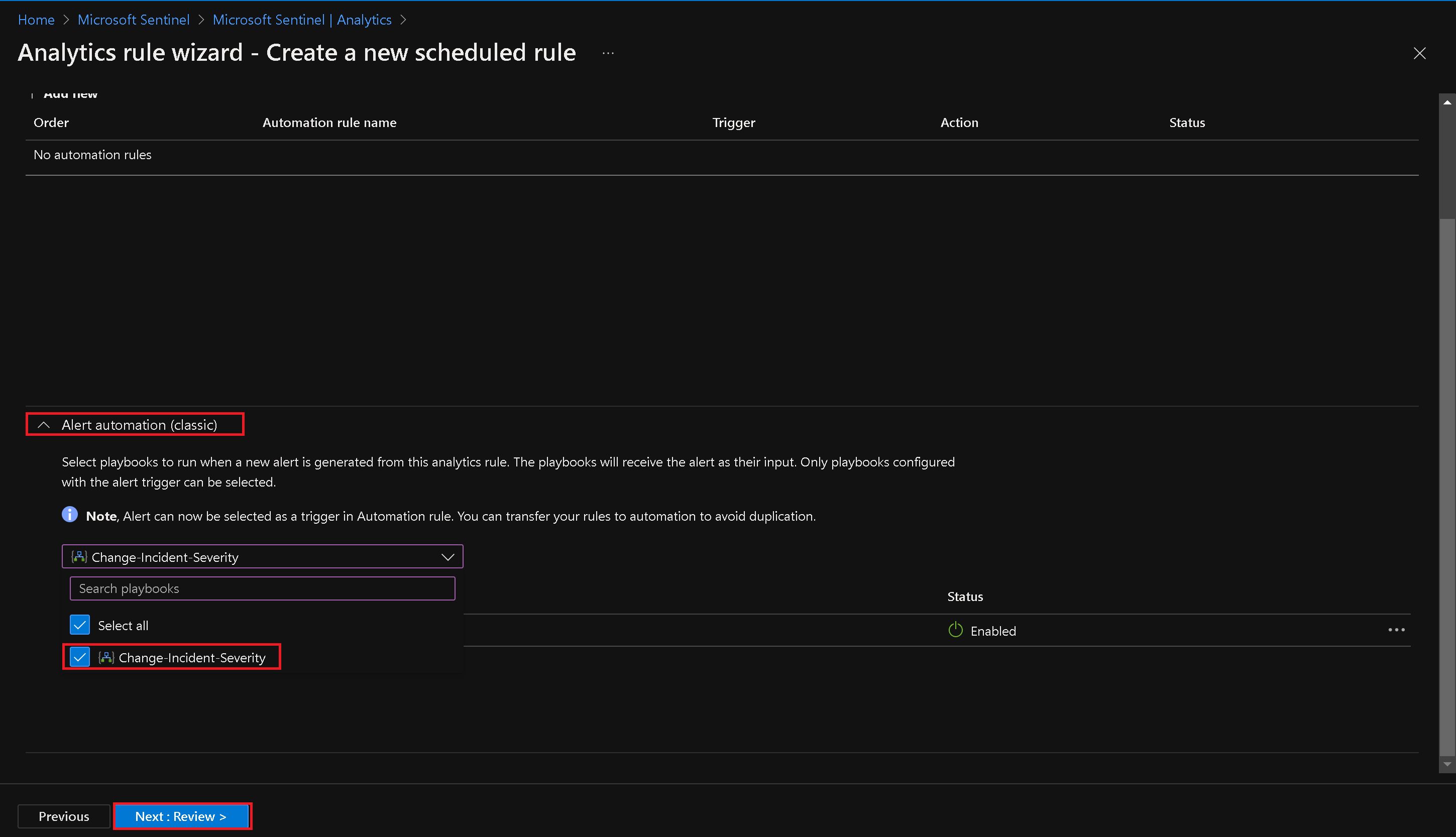 Create Sentinel Analytics Rule - (Automation Rule Tab)