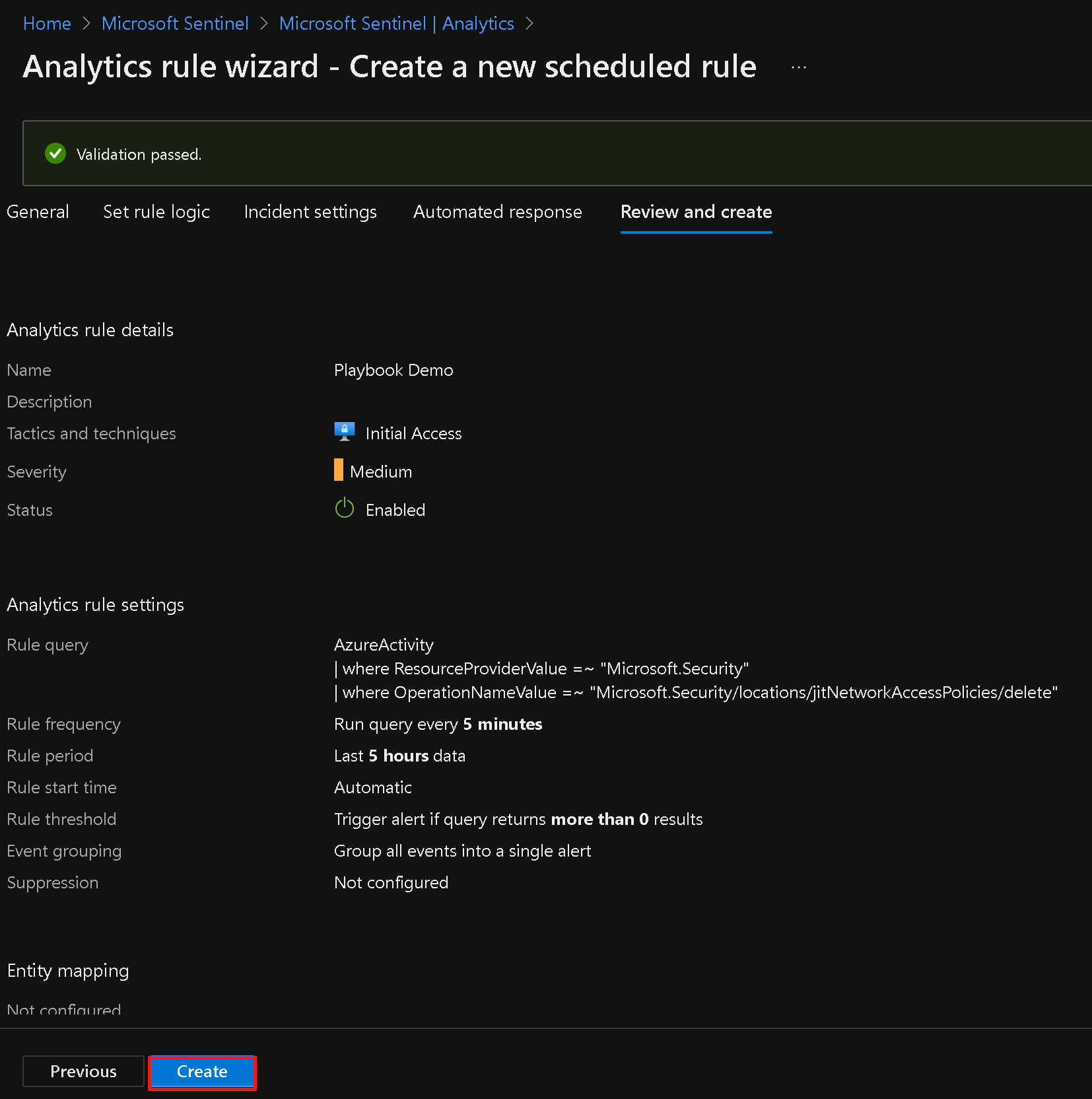 Create a New Scheduled Rule (Review Create)