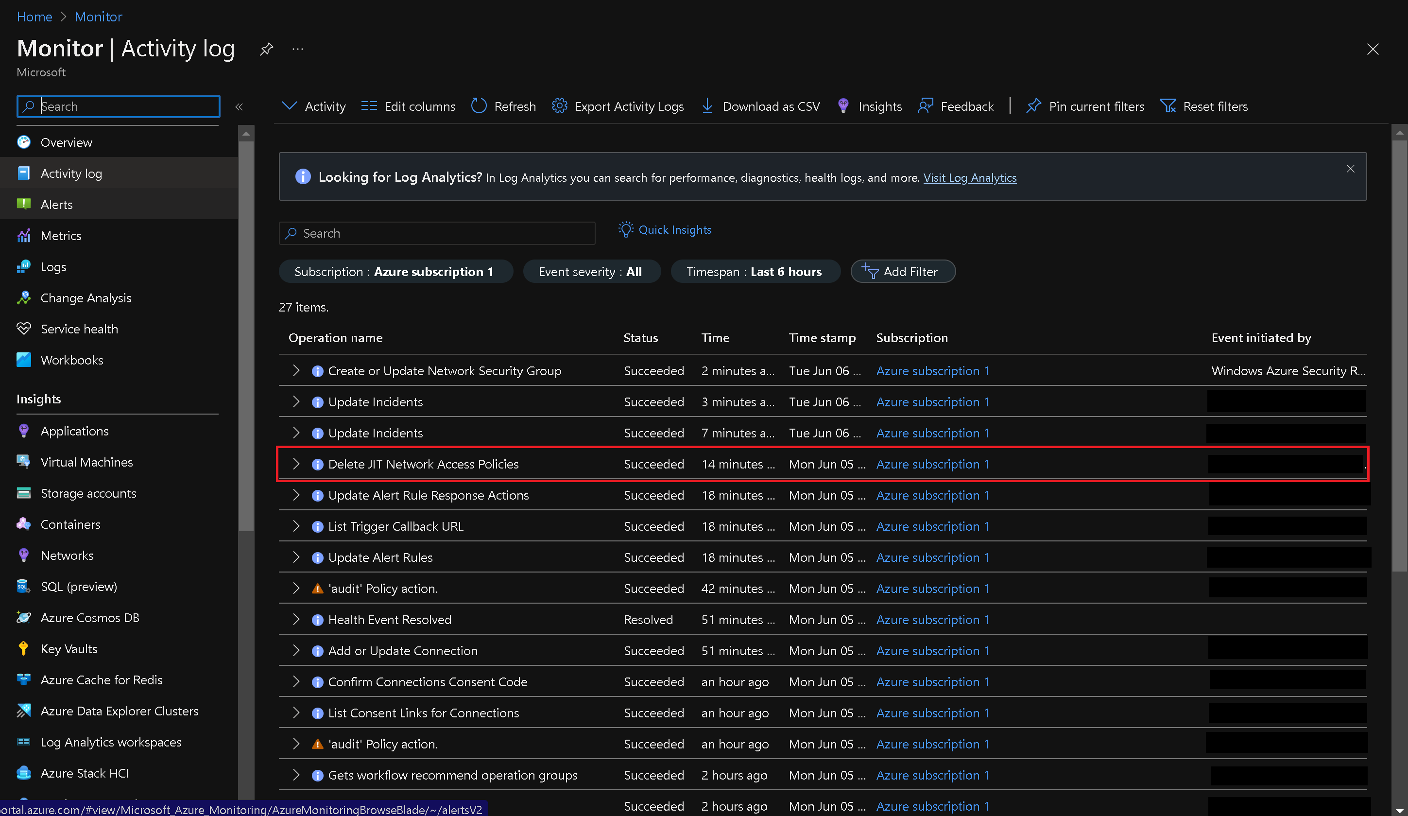 Activity Log Displays Delete JIT Network Access Policies