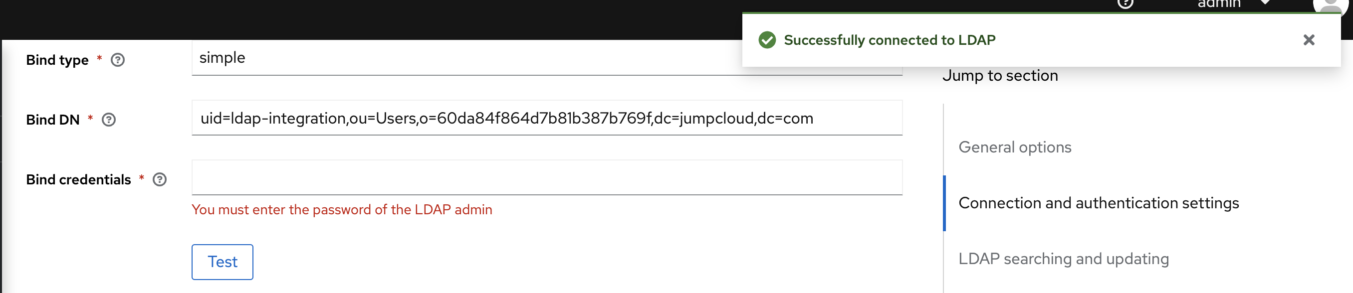 [UX Review] The Test button shouldn't report success when the Bind DN