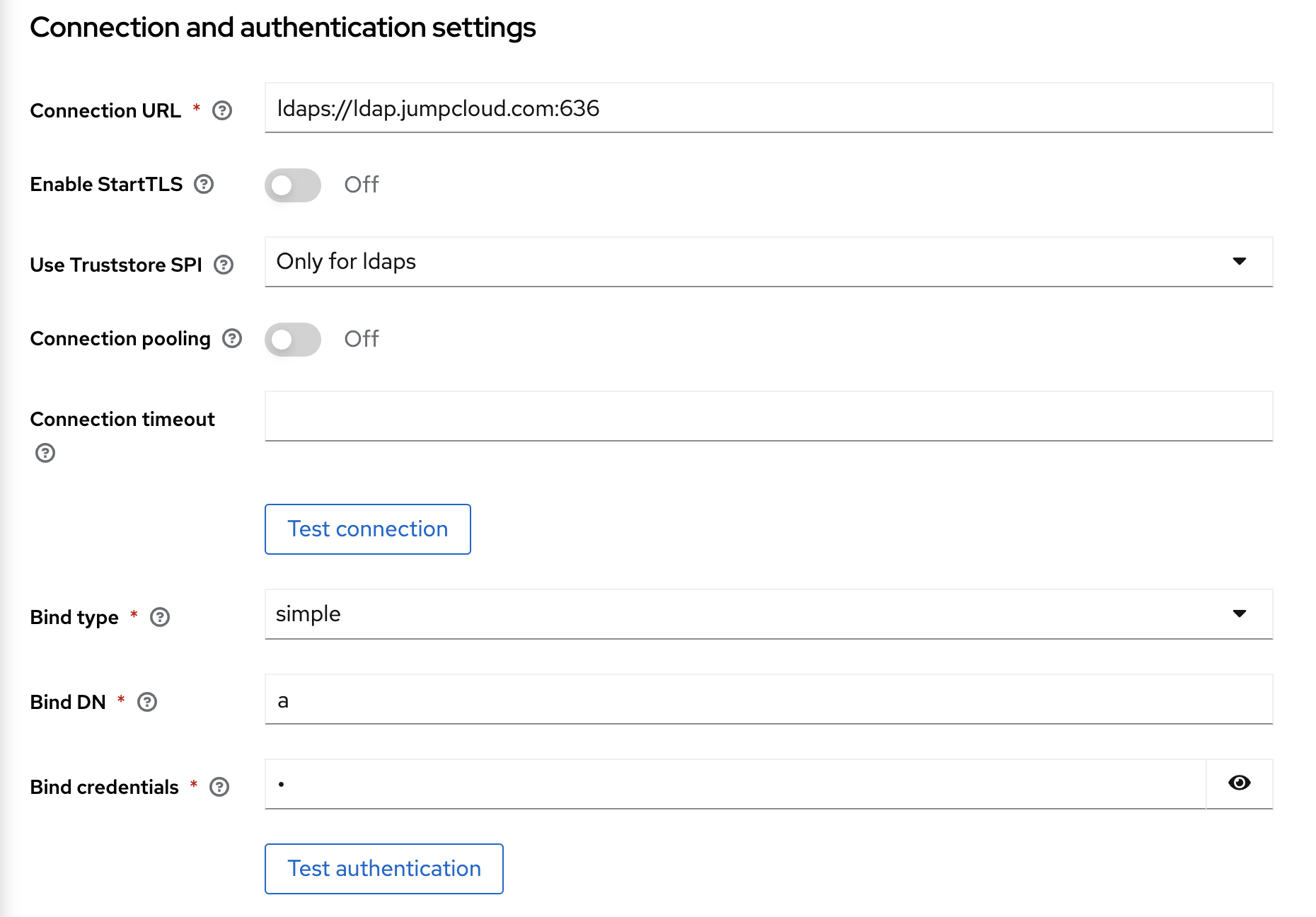 [UX Review] The Test button shouldn't report success when the Bind DN