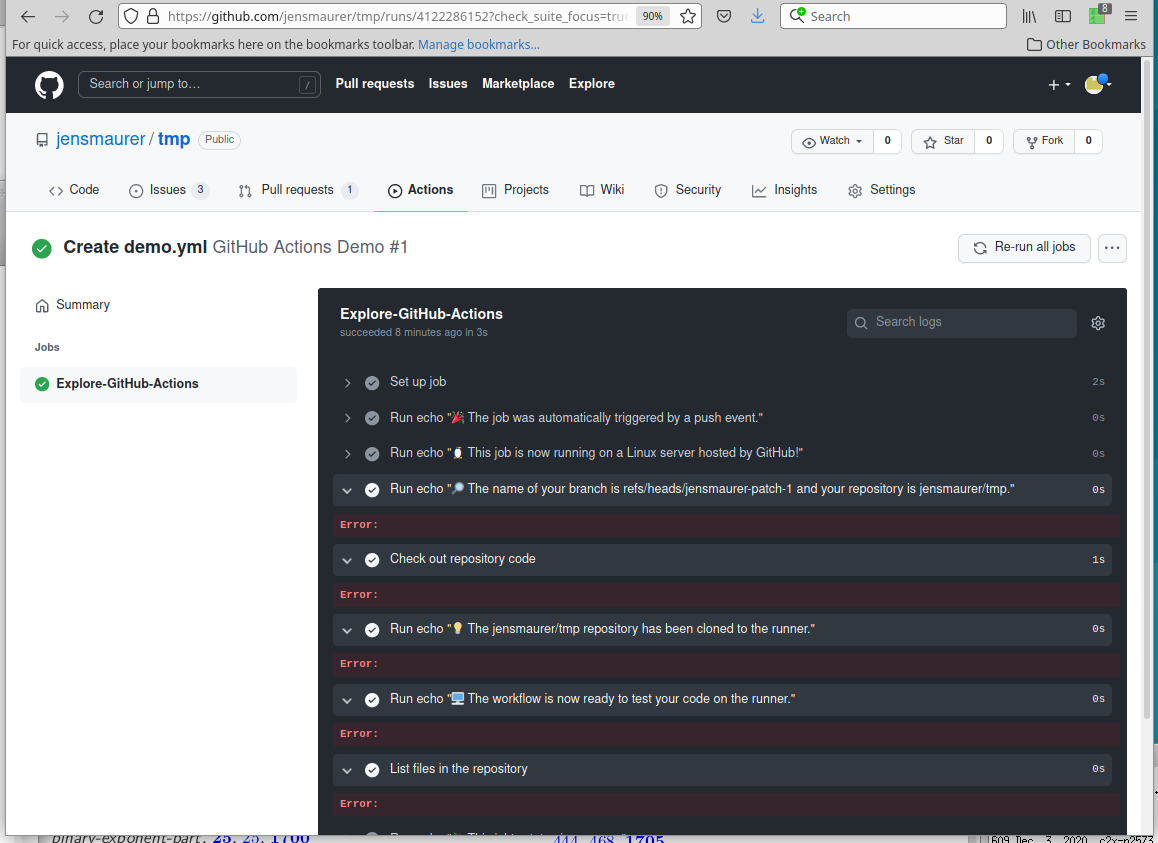 GitHub actions log showing empty "Error:" lines · community ...