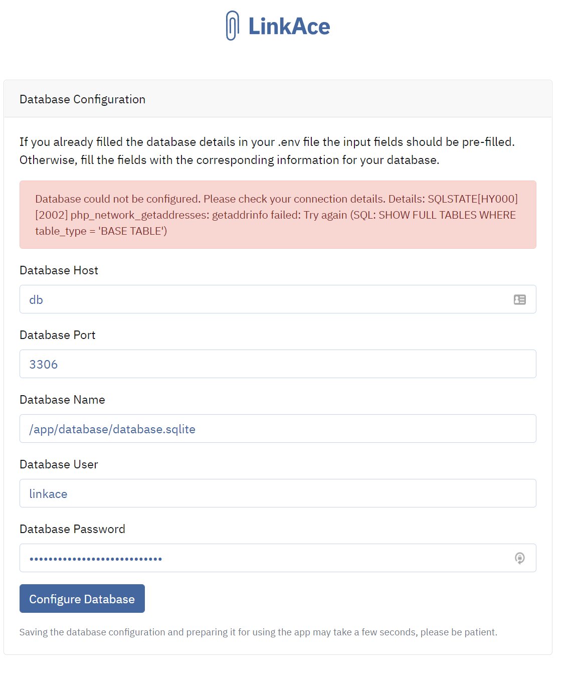 Error - Database could not be configured (Linkace with SQLite) · Issue ...
