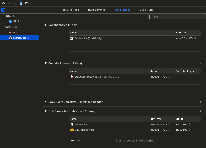 Screenshot of Xcode with the incorrect linkage of the SwiftPM package